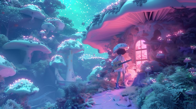 Girl Playing Guitar in a Magical Mushroom Forest