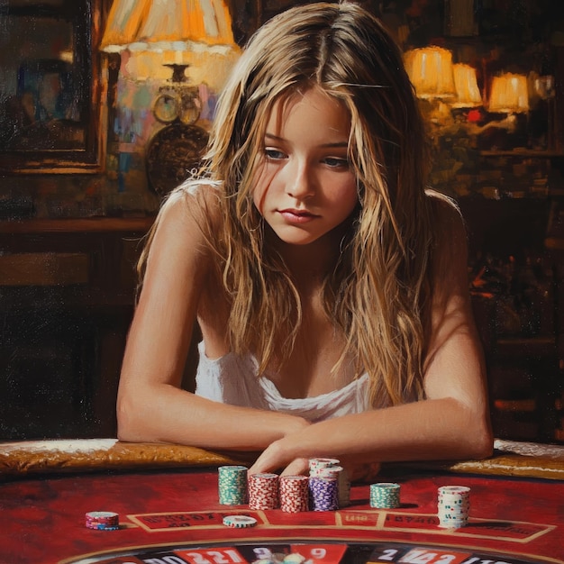 Photo a girl playing poker with a poker chips