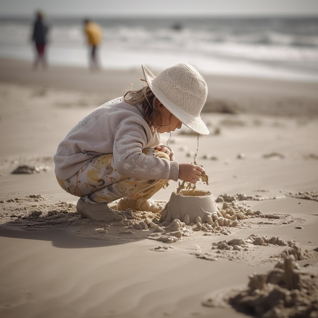 A girl playing in the sand with a hat on