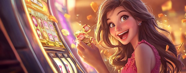 Photo a girl playing a slot machine with a bunch of gold candies in the background