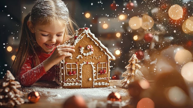 a girl playing with a gingerbread house