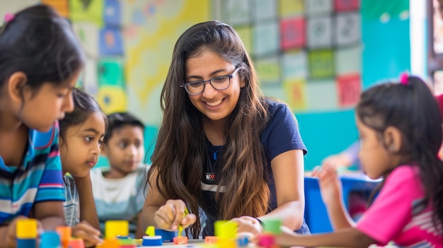 a girl playing with a group of children in a classroom