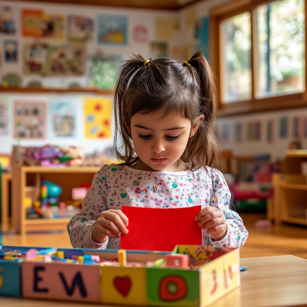 a girl playing with a puzzle made by her teacher