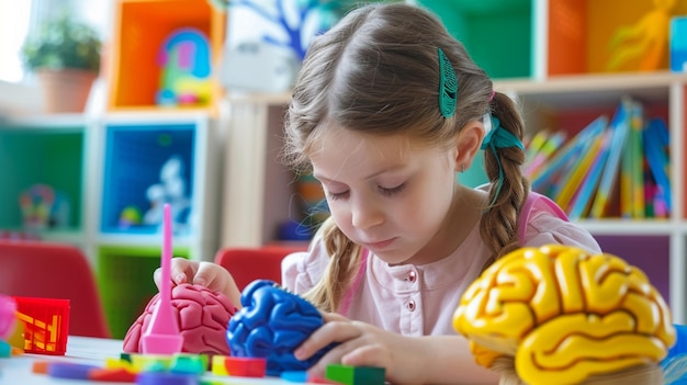 a girl playing with toys and the word brain on the side