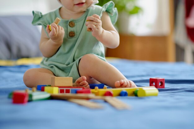 Girl Playing with Wooden Bricks