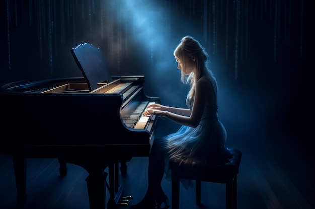 Girl plays piano in light Generate Ai