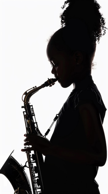 A girl plays the saxophone passionately on clean white background