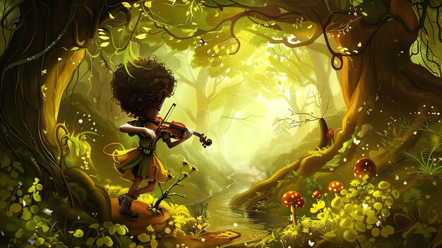 Photo a girl plays a violin in a magical forest