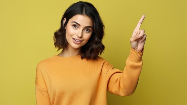 Girl points her finger banner with copyspace for advertising and promotions