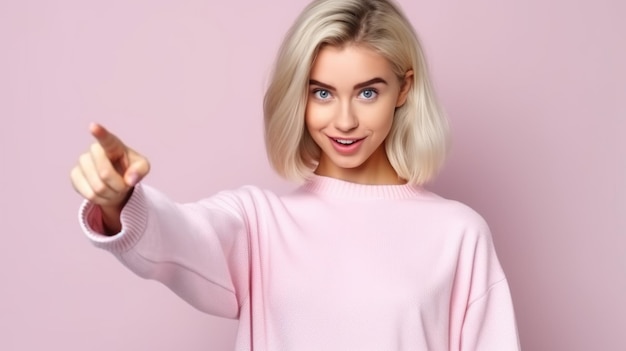 Girl points her finger banner with copyspace for advertising and promotions