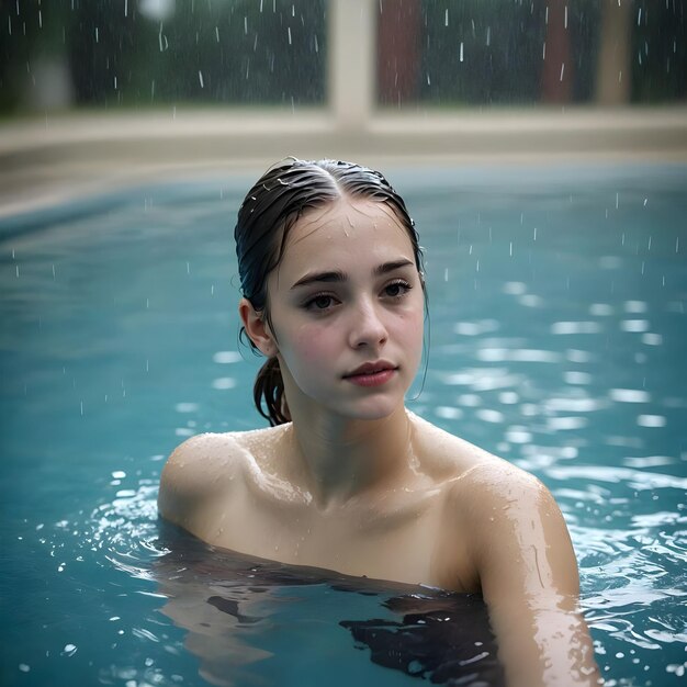 a girl in a pool with rain drops