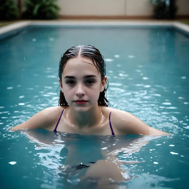 a girl in a pool with water and a sign that says no