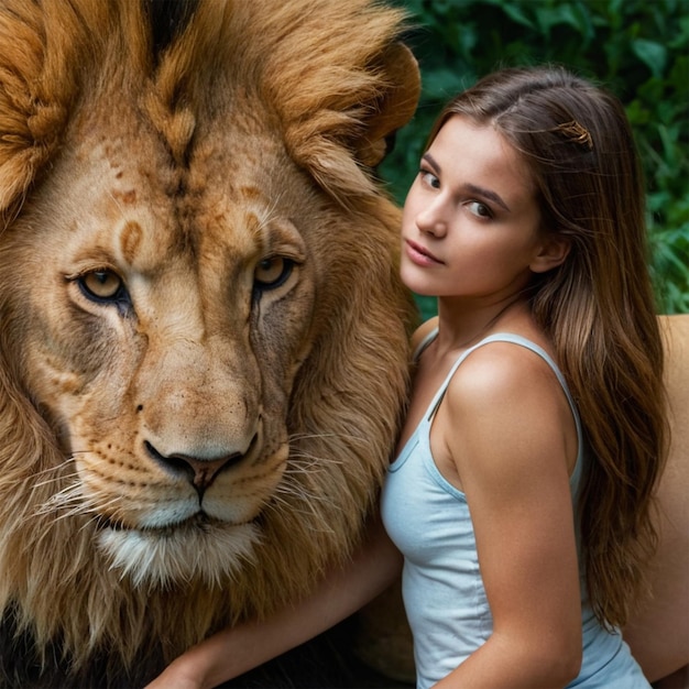 Photo a girl poses with a lion and a lion