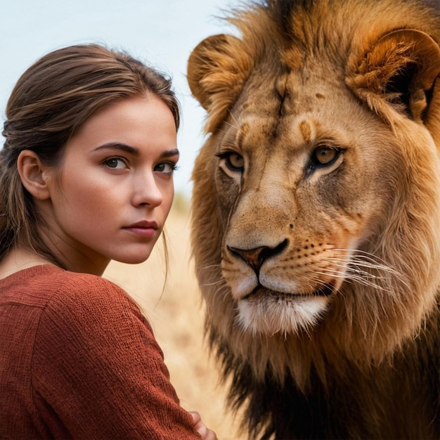 Photo a girl poses with a lion and a lion