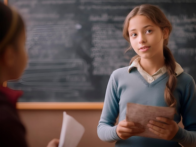 Photo girl presenting confidently in front of a class behind her a blackboard in a classroo