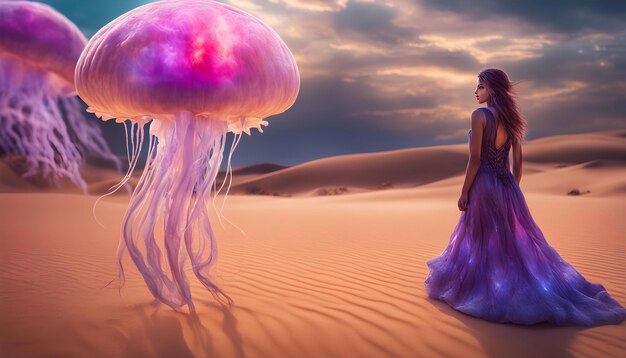 a girl in a purple dress stands in the desert with a purple jellyfish