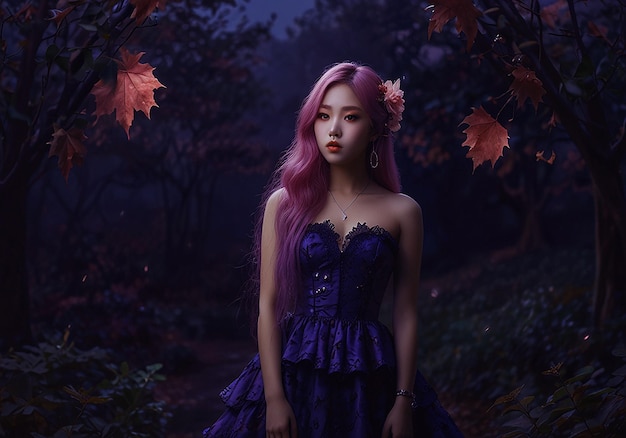 a girl in a purple dress stands in a forest with a red leaf in her hair