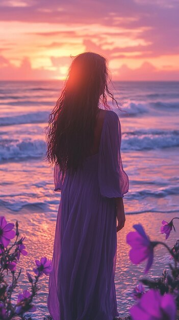 a girl in a purple dress stands in front of the ocean with the sun behind her back