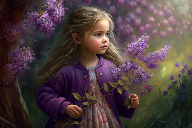 Girl in purple dress walking along flowers on spring day