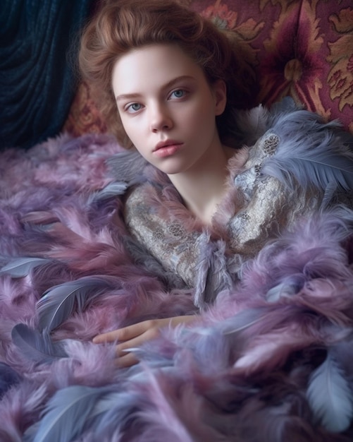 A girl in a purple feathered coat is lying on a couch.