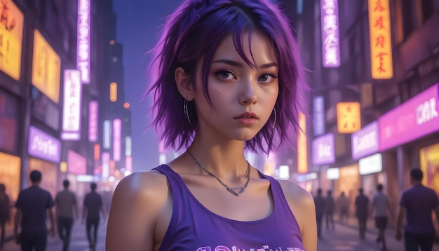 a girl in a purple top in a neon city in the style of chinapunk iconic album covers softfocus po