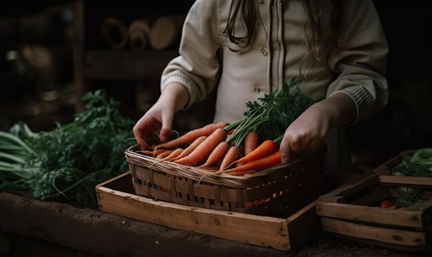 The girl puts fresh carrots in the basket generative AI