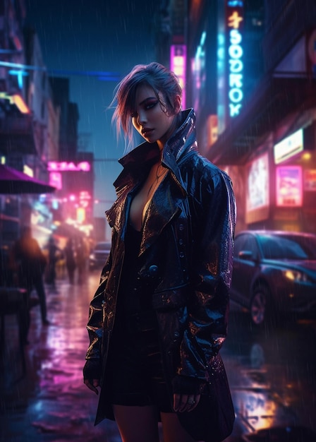 Girl in the rain with neon signs