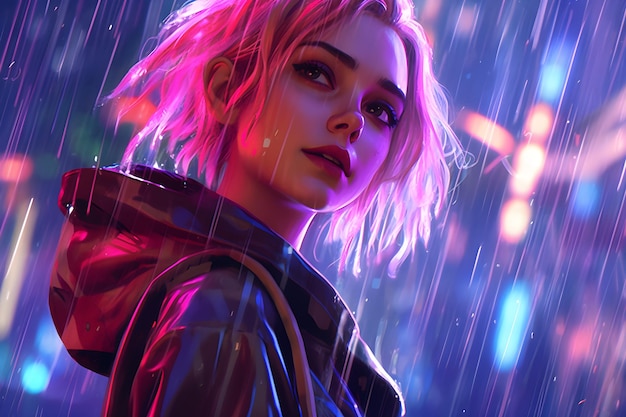 A girl in the rain with a pink hair