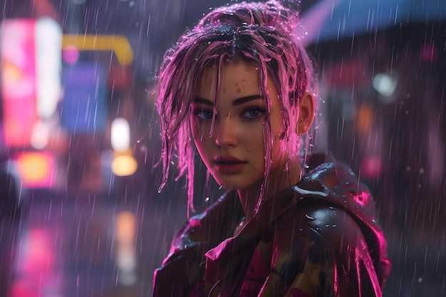 A girl in the rain with pink lights behind her