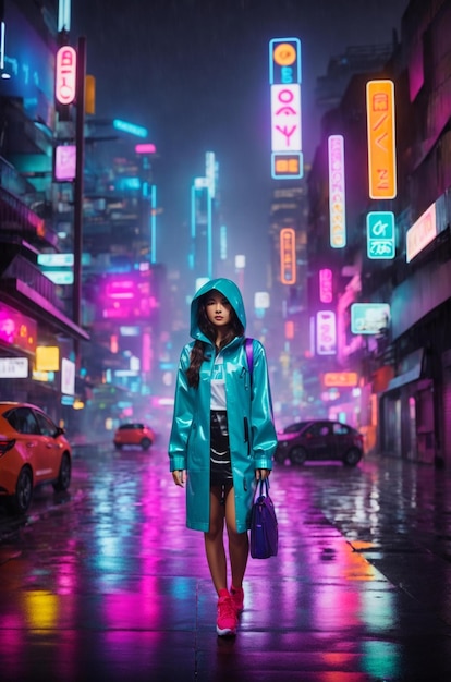 a girl in a raincoat walks down a wet street in the rain.