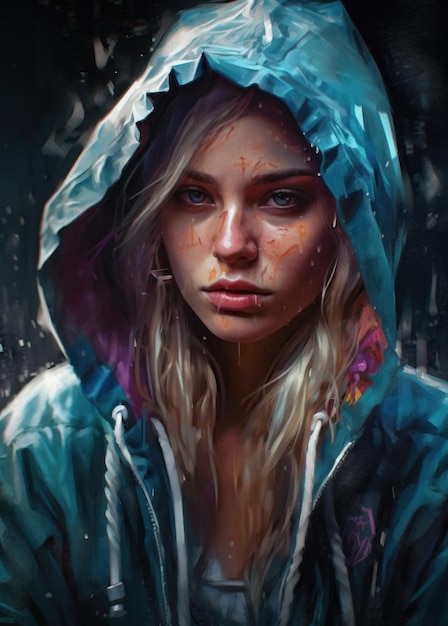 A girl in a raincoat with blue eyes and a hood