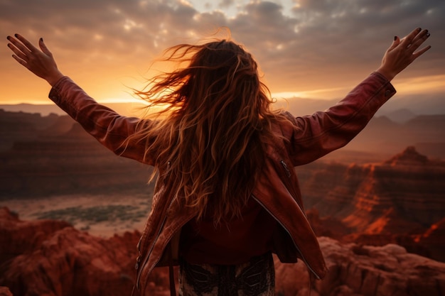 The girl raised her hands to the sun against the backdrop of the mountains Healthy lifestyle travel concept