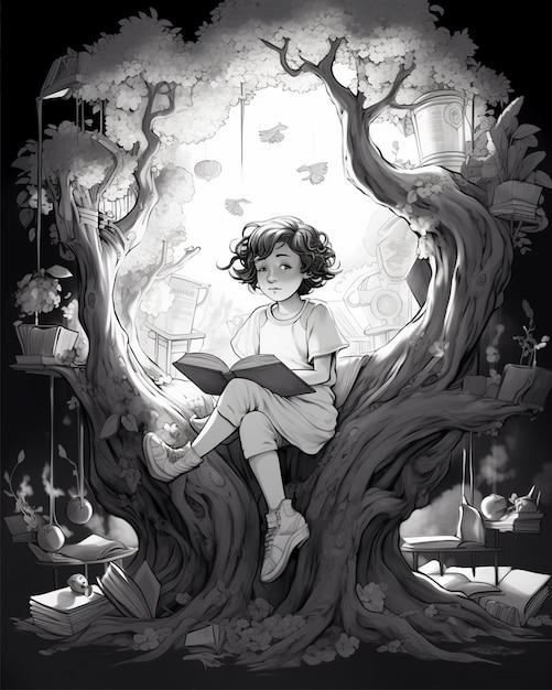 Girl Reading Book Black and White