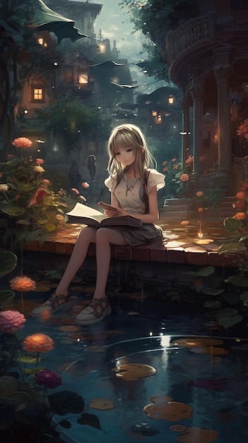 Girl reading a book by the pond