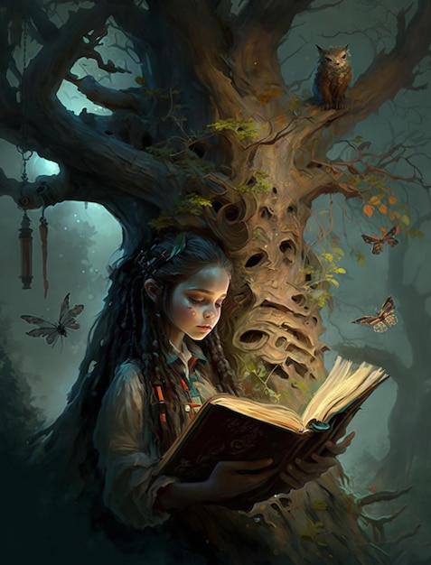 A girl reading a book by the tree