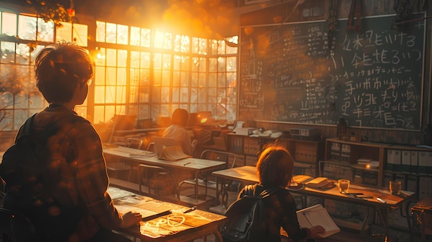 a girl reading a book in a classroom with a sunset in the background