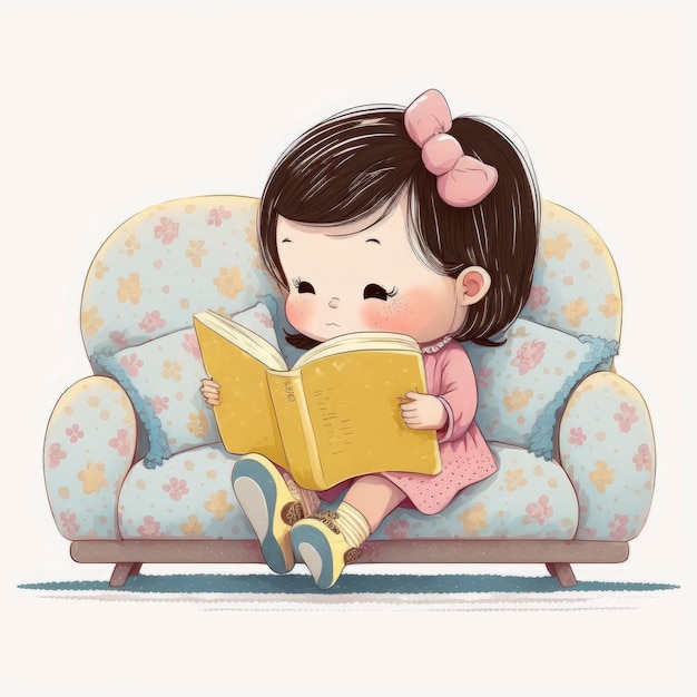 A girl reading a book on a couch.