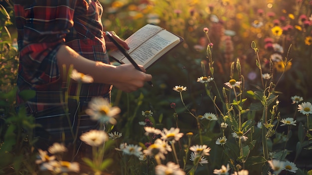 a girl reading a book in a field of daisies