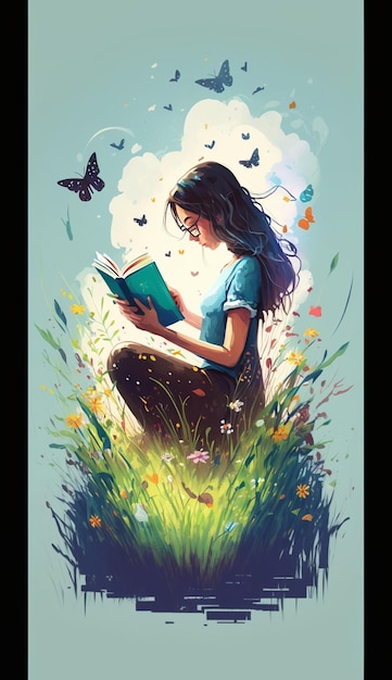 A girl reading a book in a field of flowers with butterflies on the bottom.