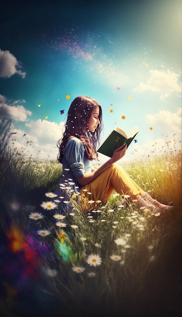 A girl reading a book in a field of flowers