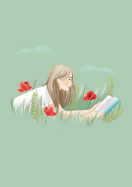 girl reading a book on field illustration