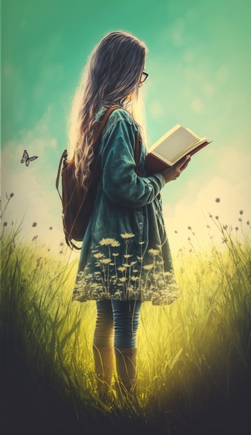 A girl reading a book in a field with a butterfly flying overhead.