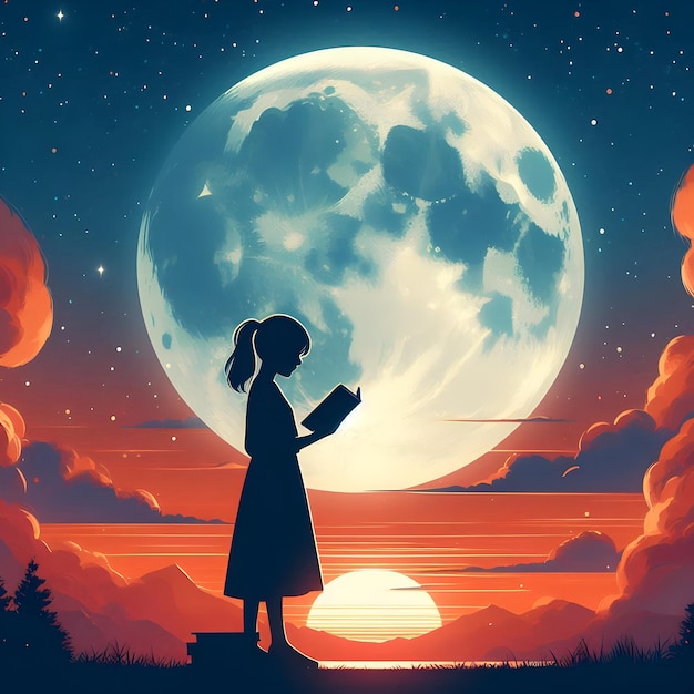 Photo a girl reading a book under a full moon