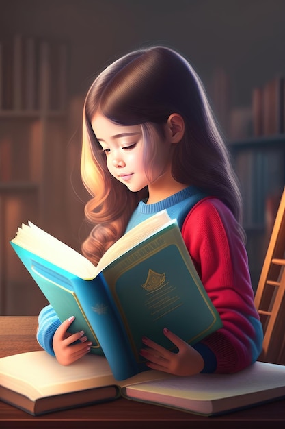 Girl reading a book in the library Education concept 3d rendering