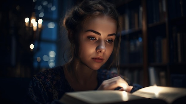 Girl reading a book in library