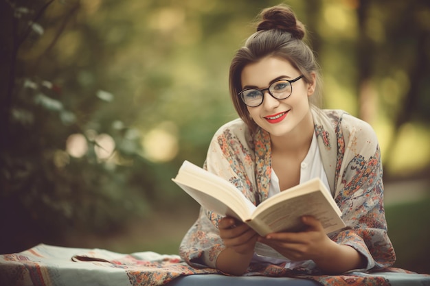 A girl reading a book in a park