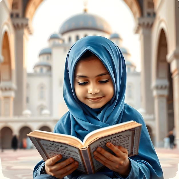 a girl reading a book with a blue scarf on