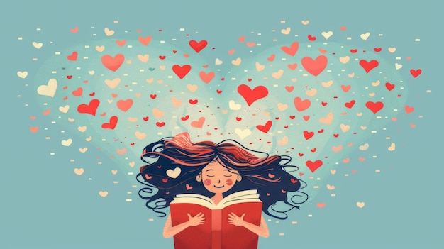 Photo girl reading book with hearts floating