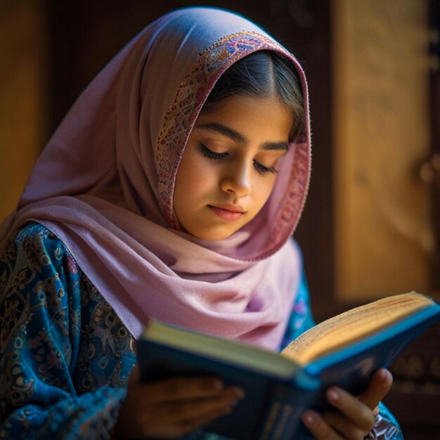 a girl reading a book with a purple cover