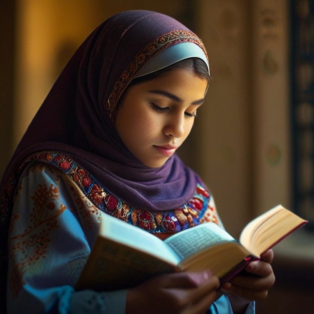 a girl reading a book with the word quot on it